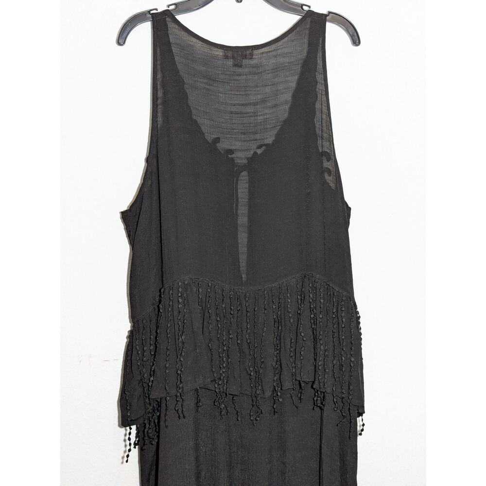 UMGEE Black Gauze Duster Swim Topper Crochet Lace Fringe Sleeveless Tie Front L - Picture 7 of 7